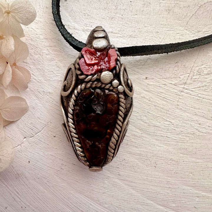 Fire Agate and Vanadinite Pendant, Handmade Crystal Jewelry - FairyGardenGlow