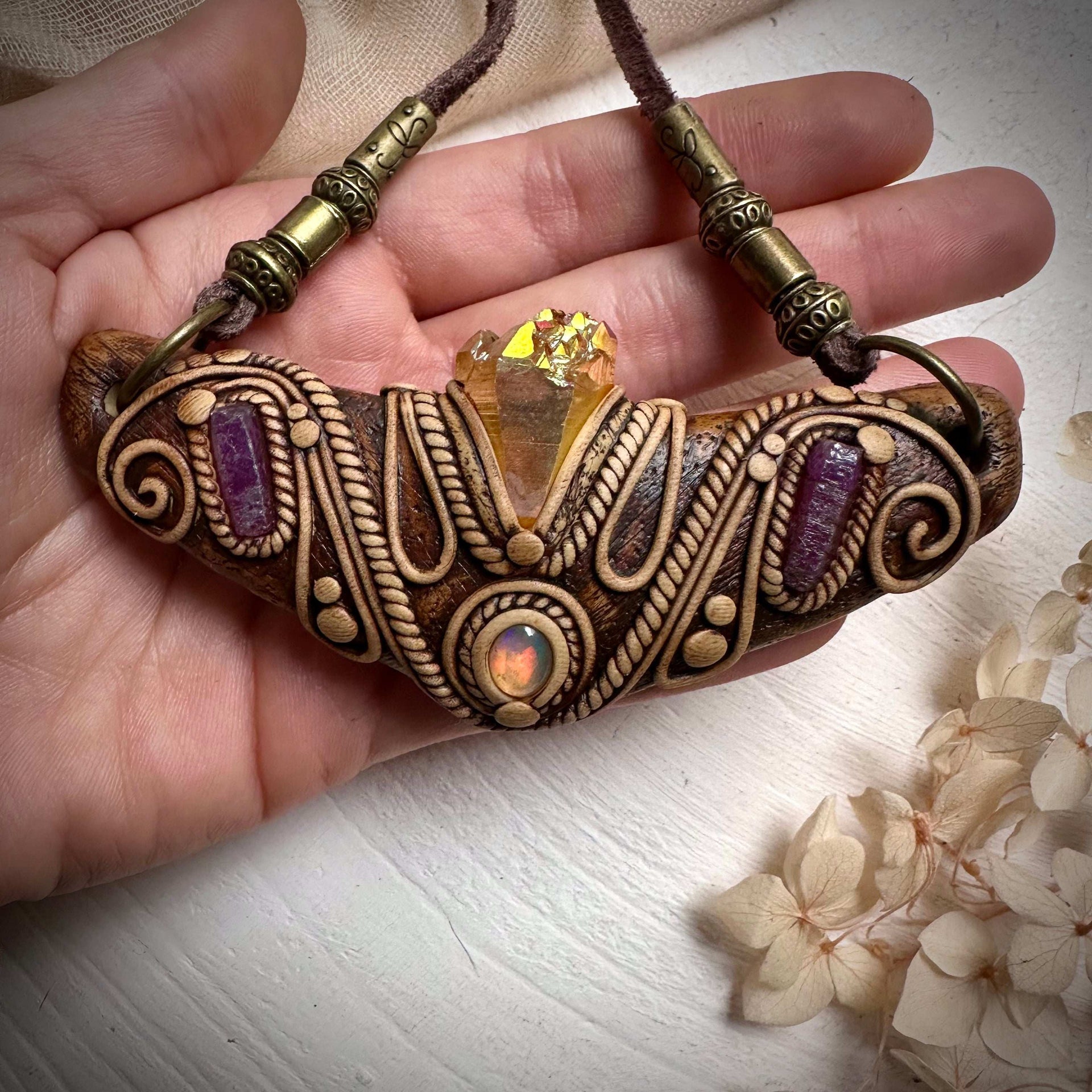 Sunset Aura Quartz Ethiopian Opal and Ruby Statement Necklace - FairyGardenGlow