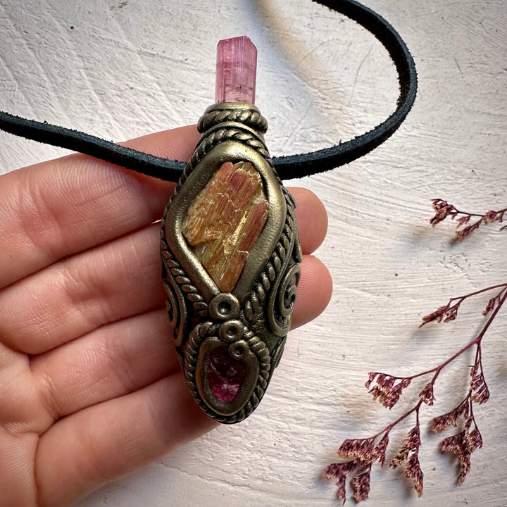 Sunset Aura Kunzite with Pink Tourmaline and Rhodonite Necklace - FairyGardenGlow