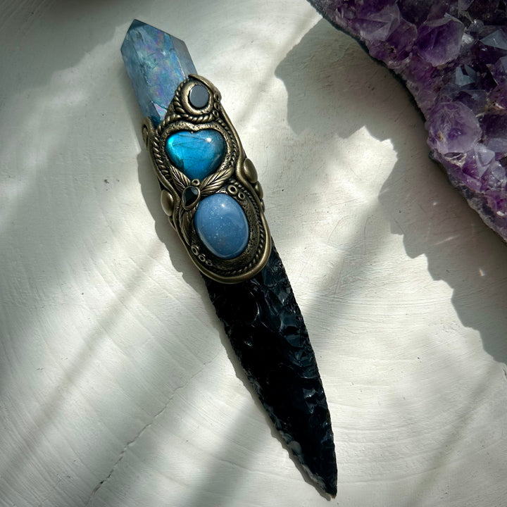 Black Obsidian Arrowhead with Aqua Aura Quartz Labradorite Heart Angelite and Smoky Quartz and Black Onyx Wand - FairyGardenGlow