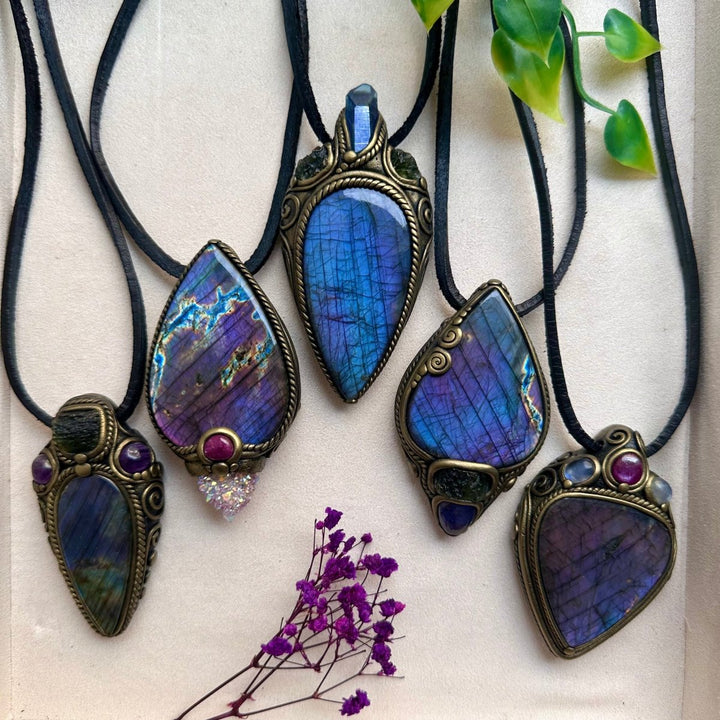 Gorgeous Large Purple Labradorite with Moldavite and Tanzanite Pendant Necklace, Handmade Spiritual Jewelry FairyGardenGlow