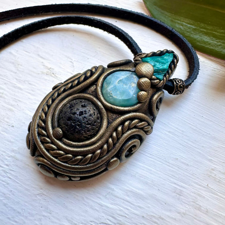 Lava Stone Larimar and Raw Chrysocolla Necklace - FairyGardenGlow