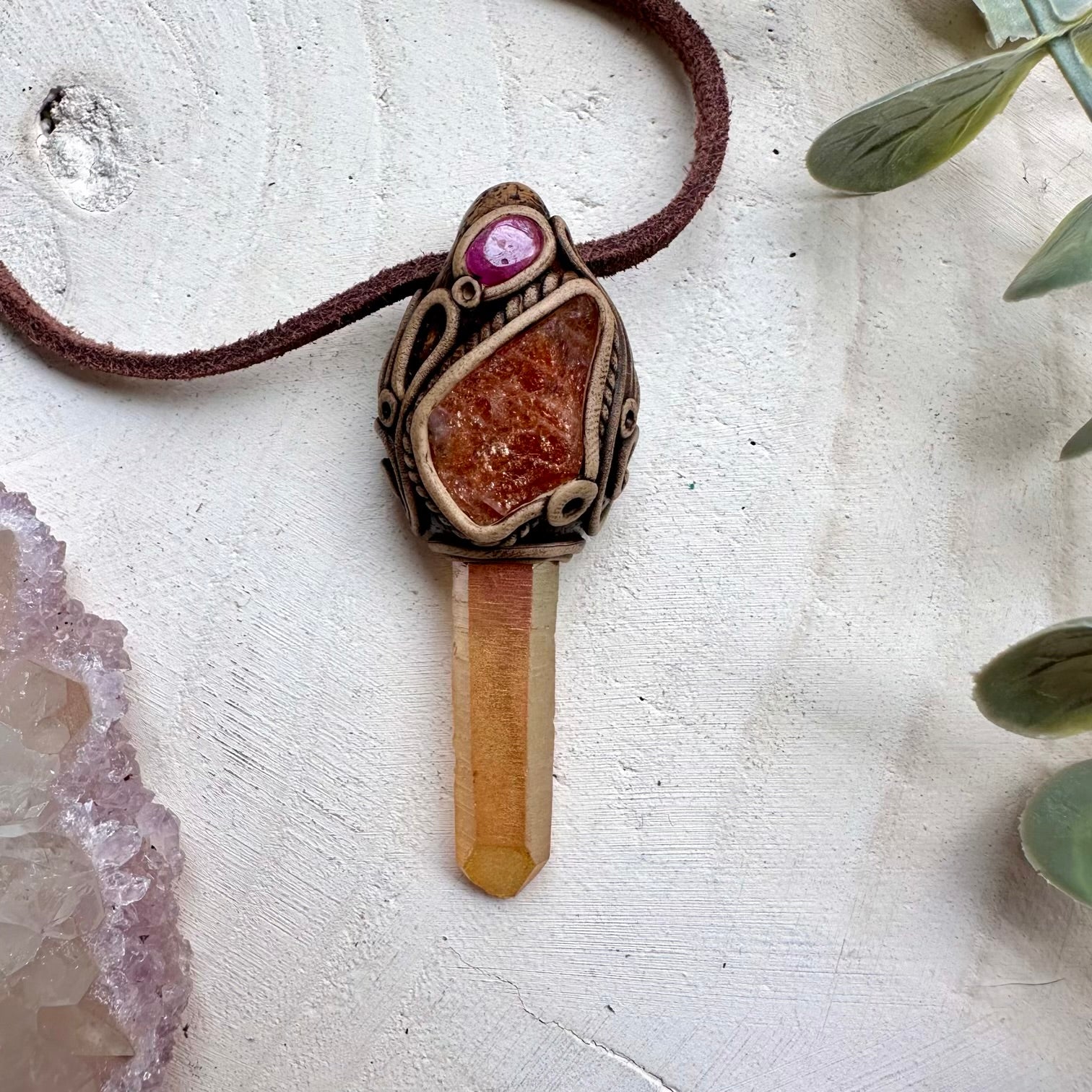 Sunset Aura Quartz with Raw Sunstone and Ruby Pendant Necklace