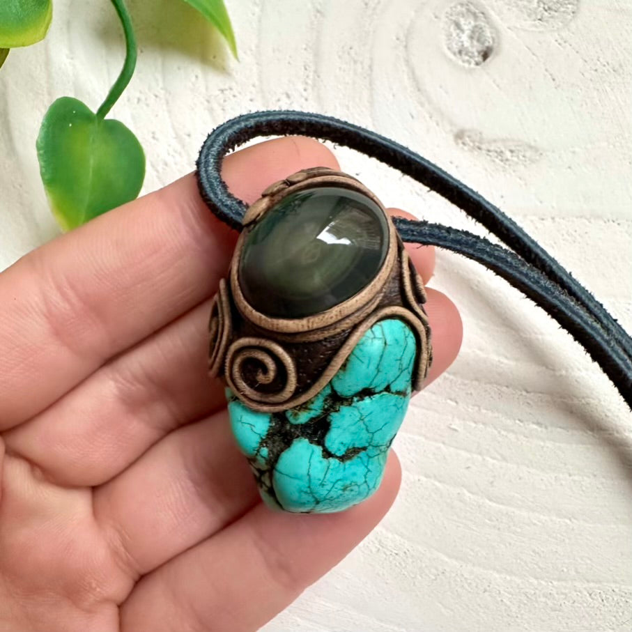 Turquoise Nugget and Rainbow Obsidian Pendant Necklace, Handmade Jewelry