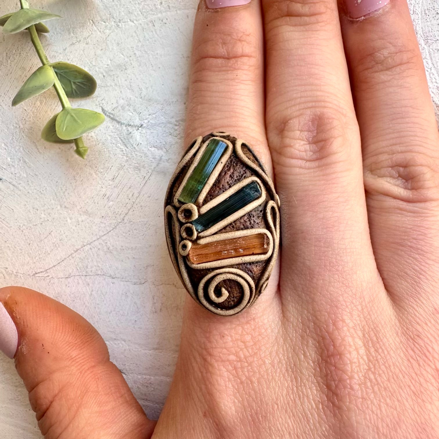 Green Tourmaline with Blue Tourmaline and Imperial Topaz Ring
