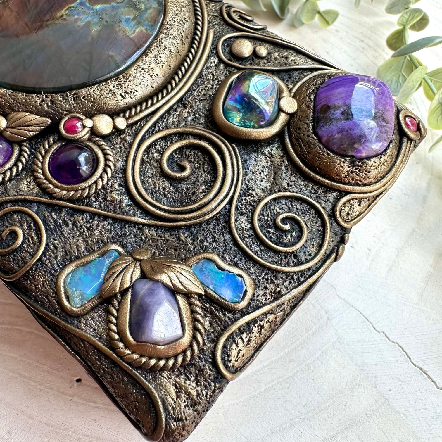 Fantasy inspired gemstone decor wooden box for jewelry storage