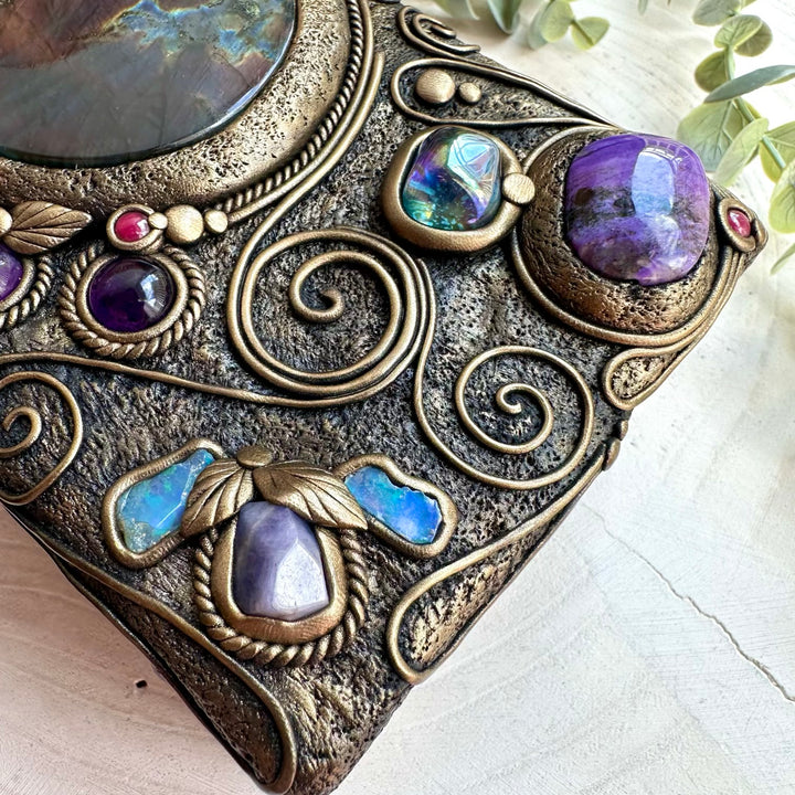 Fantasy inspired gemstone decor wooden box for jewelry storage