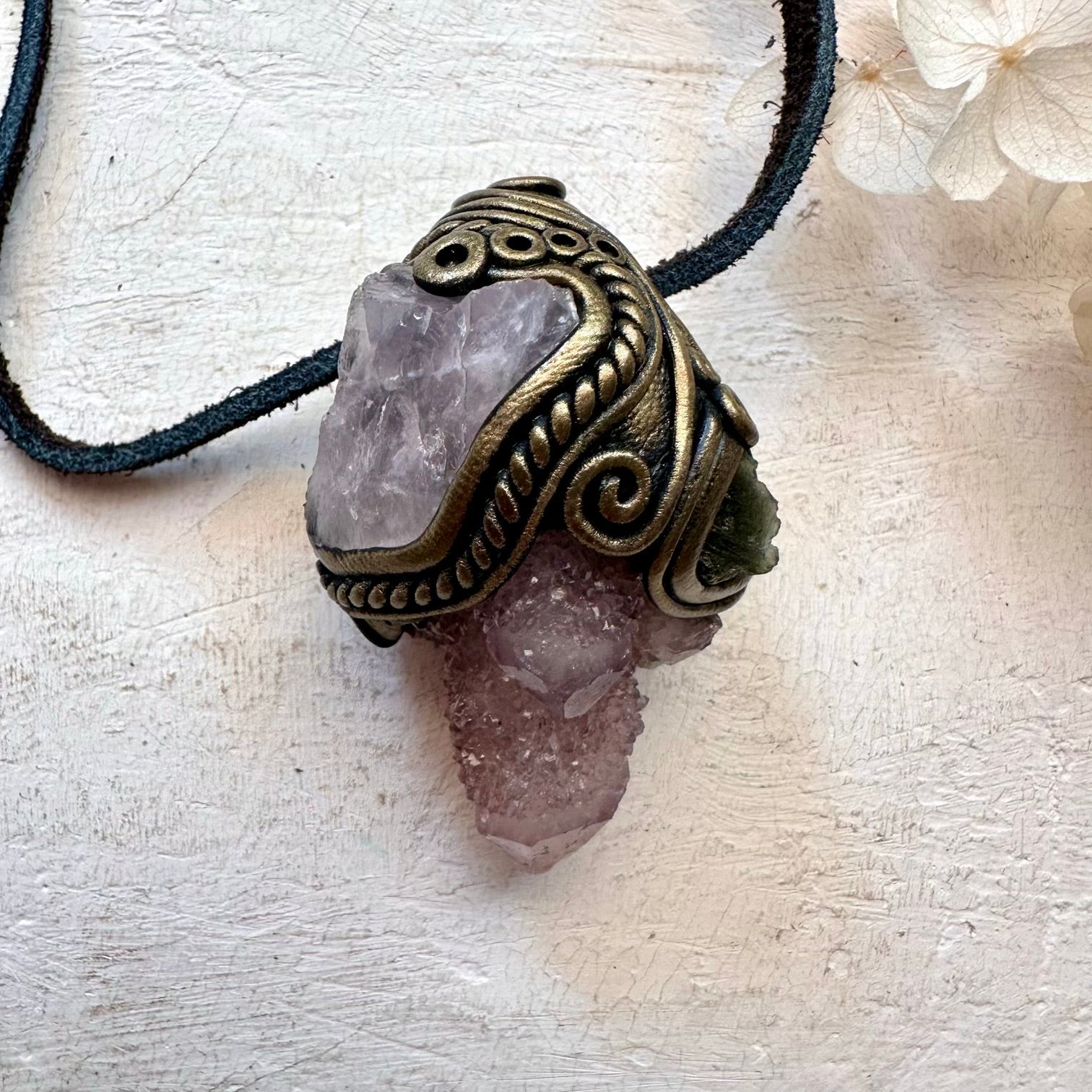 Spirit Quartz Raw Rose Quartz and Moldavite Pendant, Raw Crystal Necklace - FairyGardenGlow