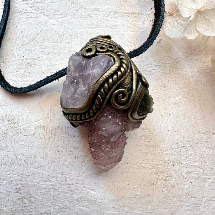 Spirit Quartz Raw Rose Quartz and Moldavite Pendant, Raw Crystal Necklace - FairyGardenGlow