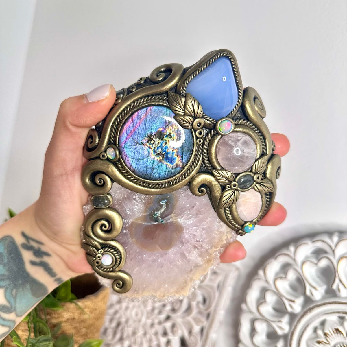 Handmade Crystal Wall Hanging - Unique Gemstone Home Decor with Large Amethyst Stalactite, Purple Labradorite, Blue Chalcedony, Rose Quartz, Morganite, Ethiopian Opal and  Clear Topaz