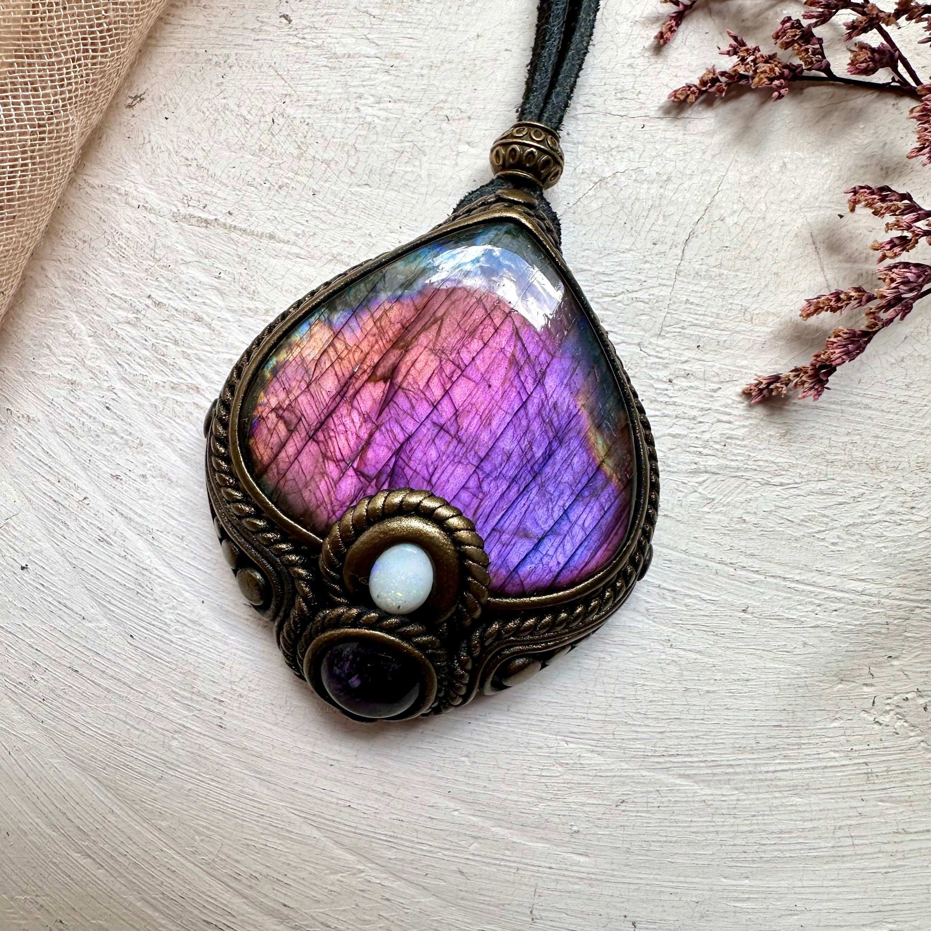 Labradorite Australian Opal and Amethyst Necklace - FairyGardenGlow
