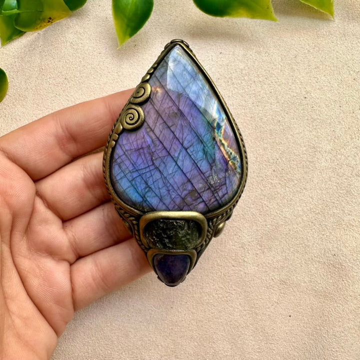 Gorgeous Large Purple Labradorite with Moldavite and Tanzanite Pendant Necklace, Handmade Spiritual Jewelry FairyGardenGlow