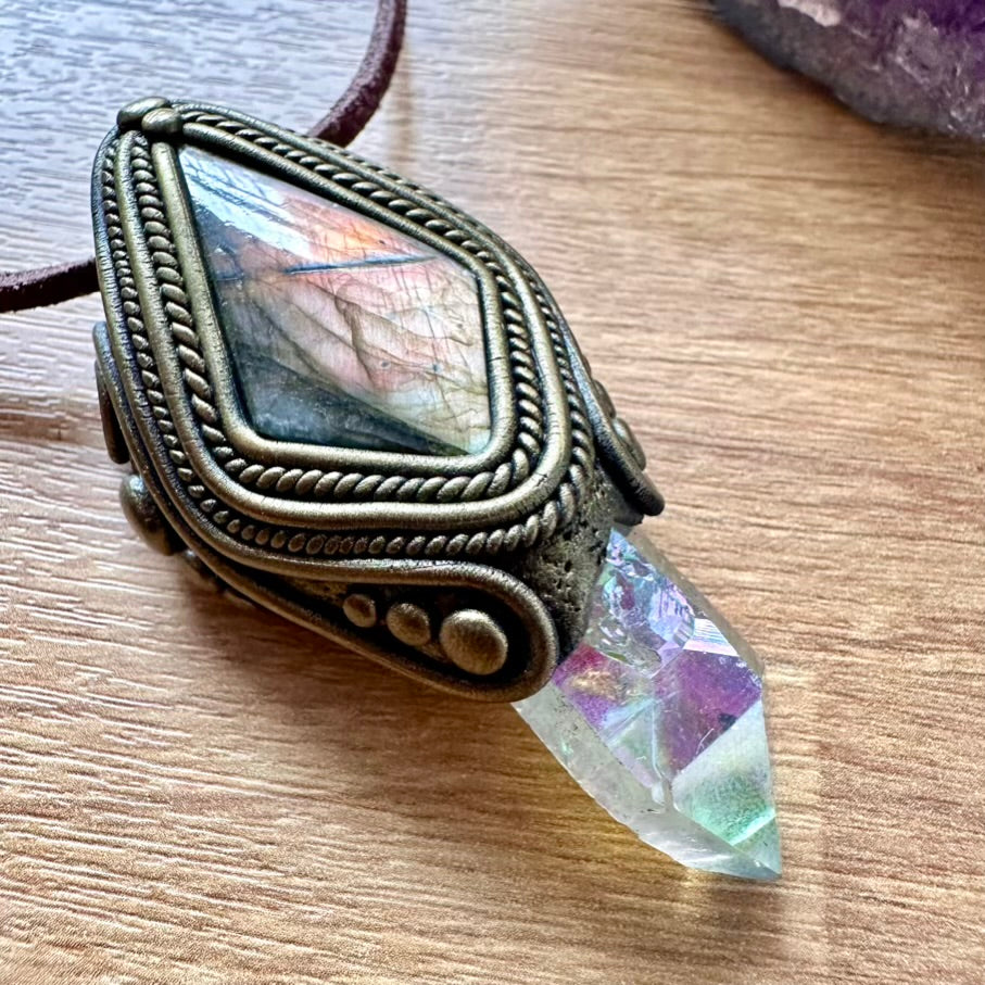 Labradorite and Angel Aura Quartz Pendant Necklace, Unique Handmade Jewelry - FairyGardenGlow