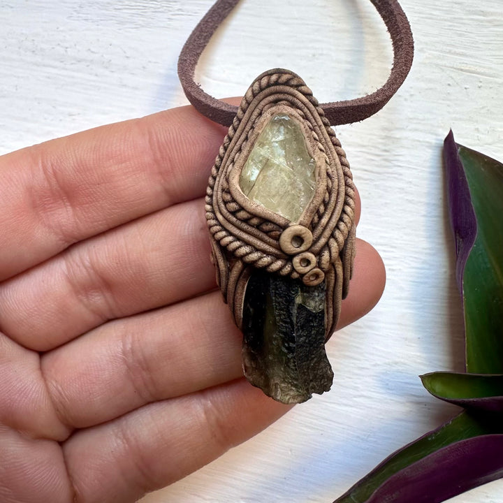 Moldavite and Hiddenite Pendant Necklace - FairyGardenGlow