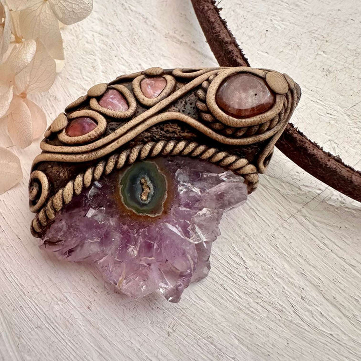 Amethyst Stalactite Sunstone and Pink Tourmaline Pendant Necklace - FairyGardenGlow