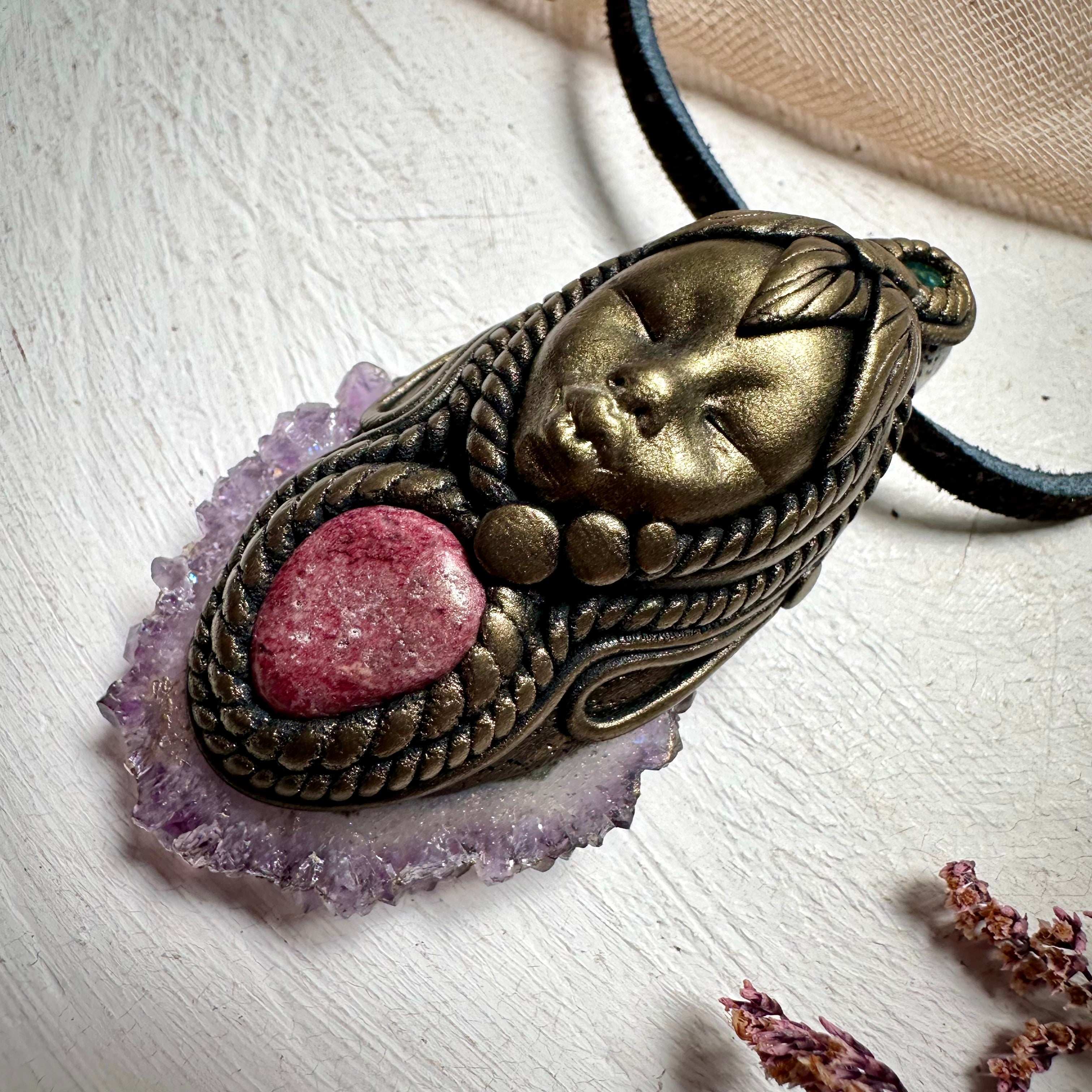 Amethyst Stalactite Thulite and Black Opal Goddess Necklace - FairyGardenGlow
