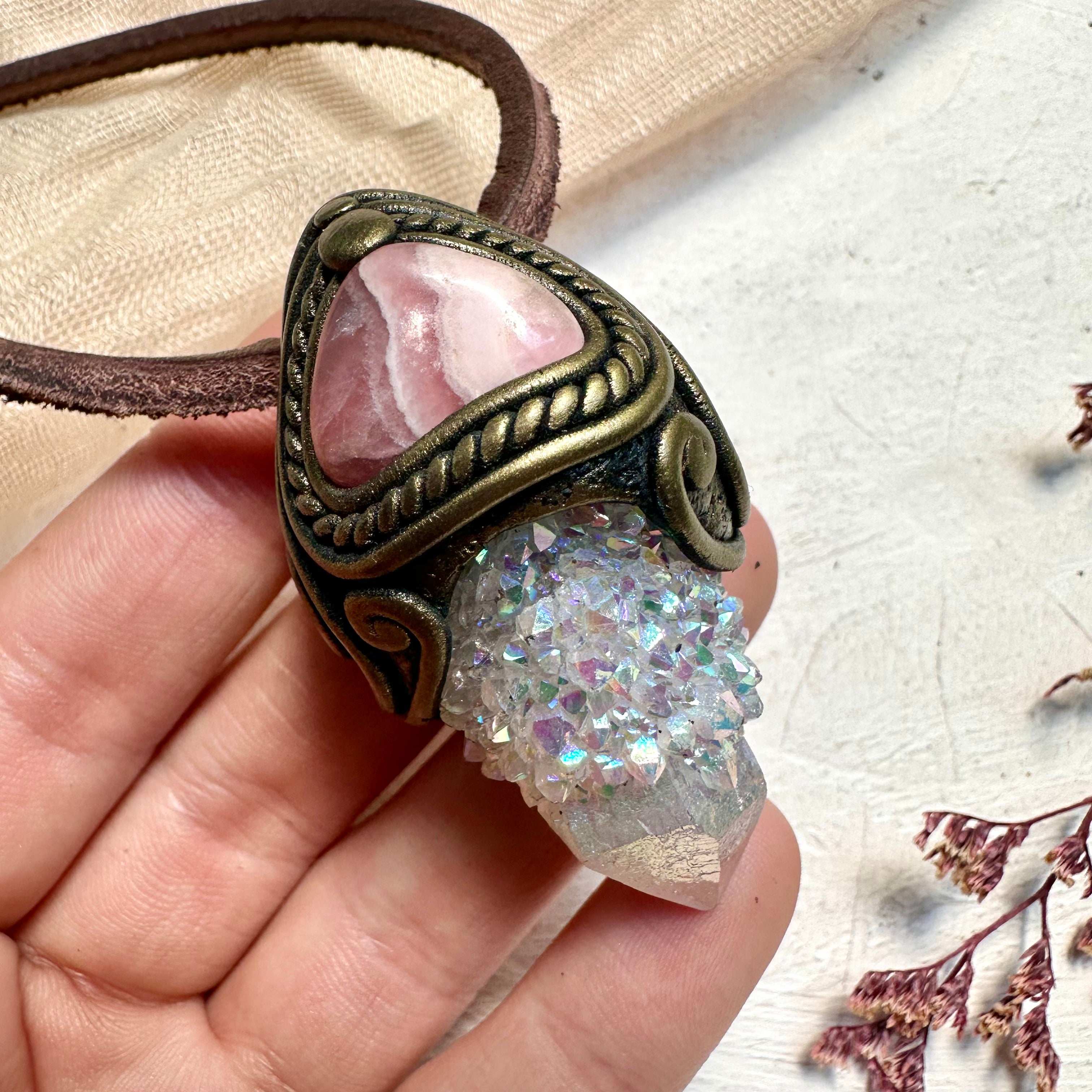 Angel Aura Spirit Quartz and Rhodochrosite Crystal Necklace - FairyGardenGlow