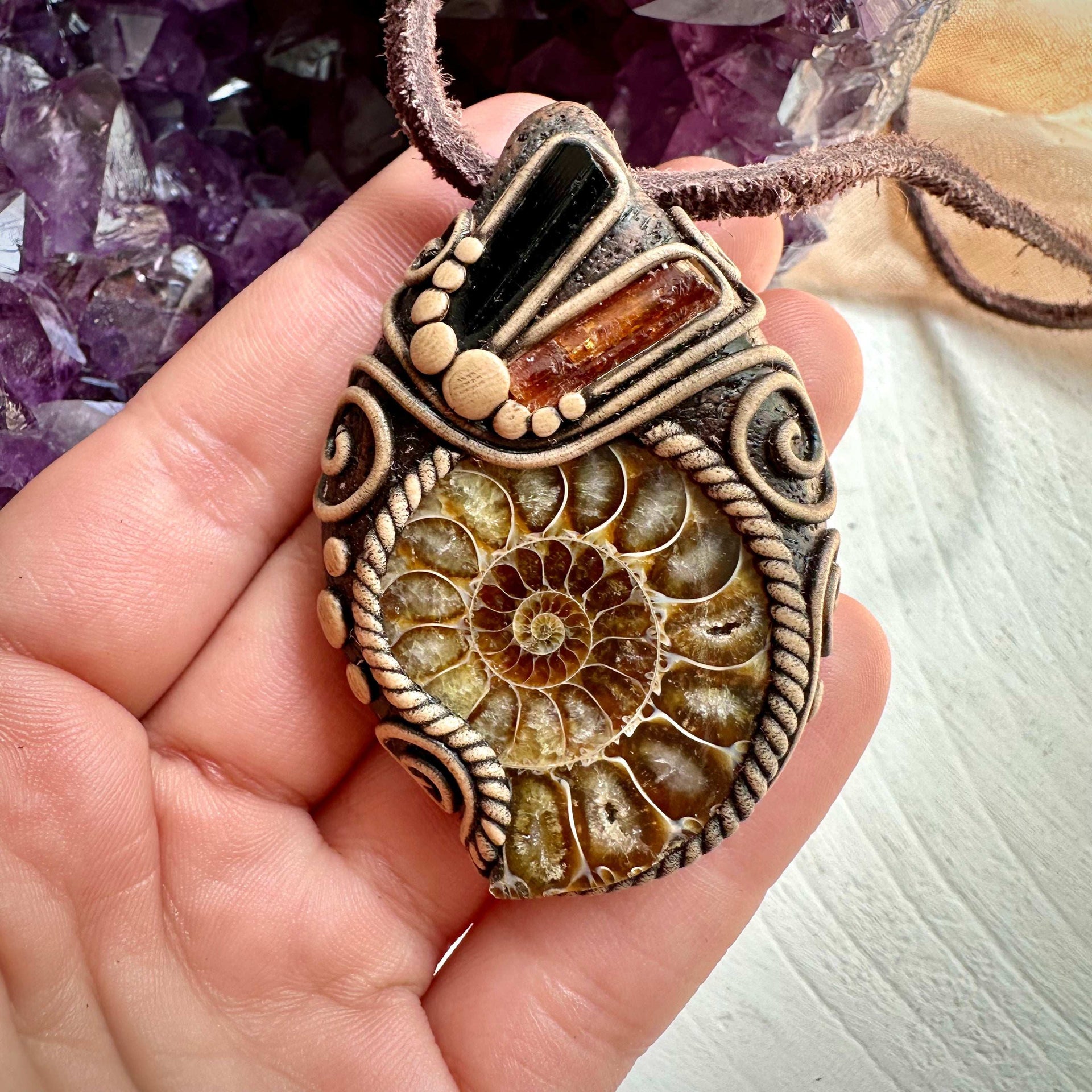 Ammonite Black Tourmaline and Imperial Topaz Pendant Necklace - FairyGardenGlow
