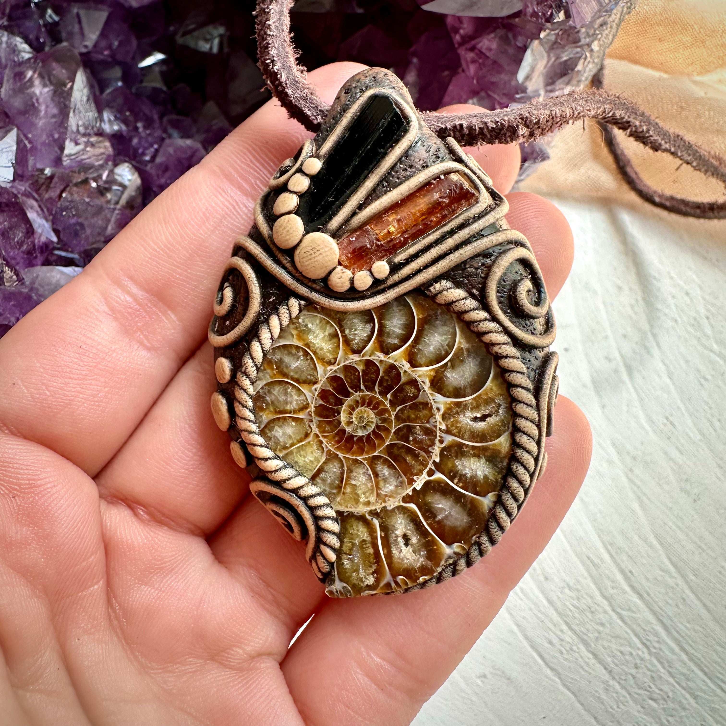 Ammonite Black Tourmaline and Imperial Topaz Pendant Necklace - FairyGardenGlow