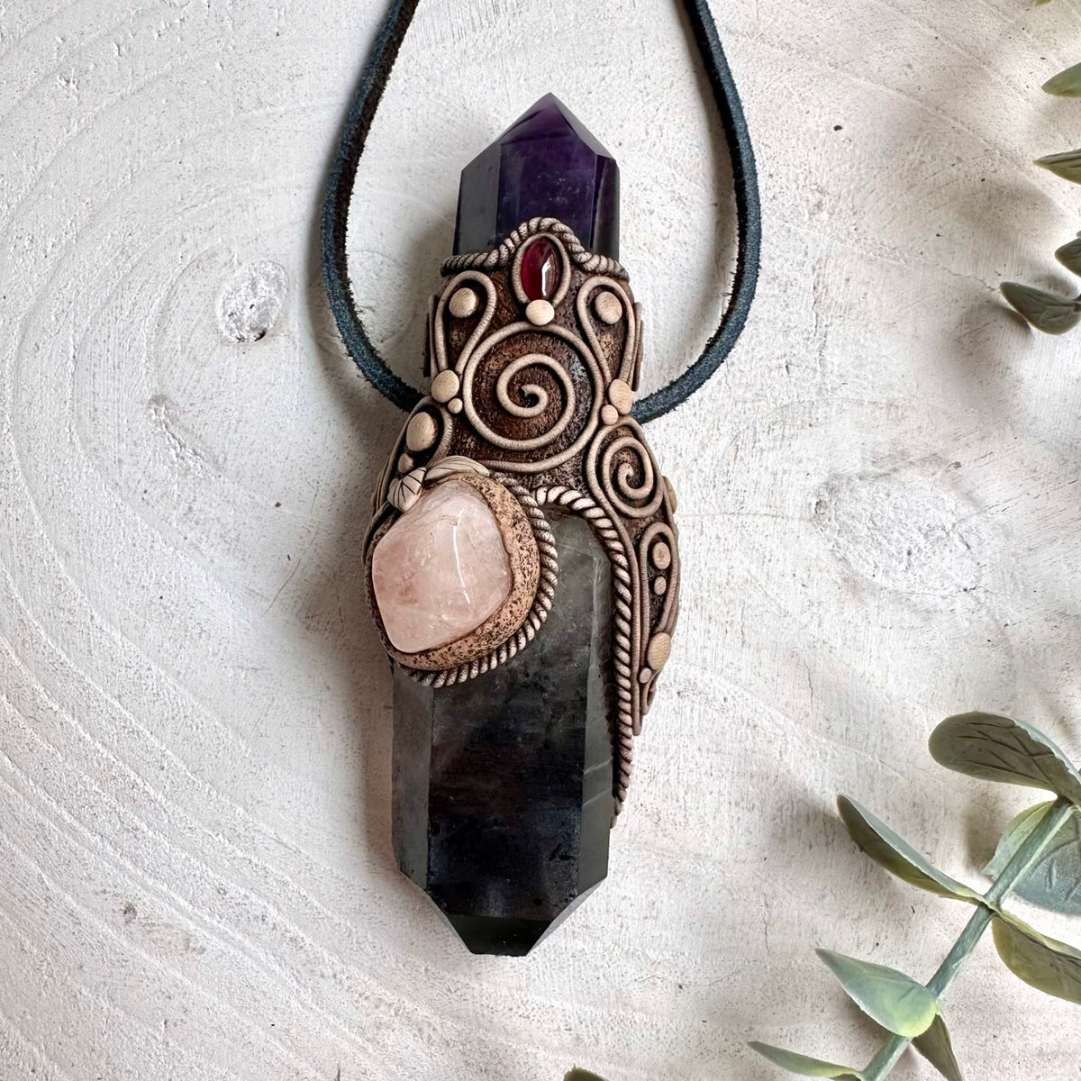 Smoky Quartz with Amethyst Point, Morganite and Rhodolite Garnet Handmade Crystal Wand / Pendant Necklace