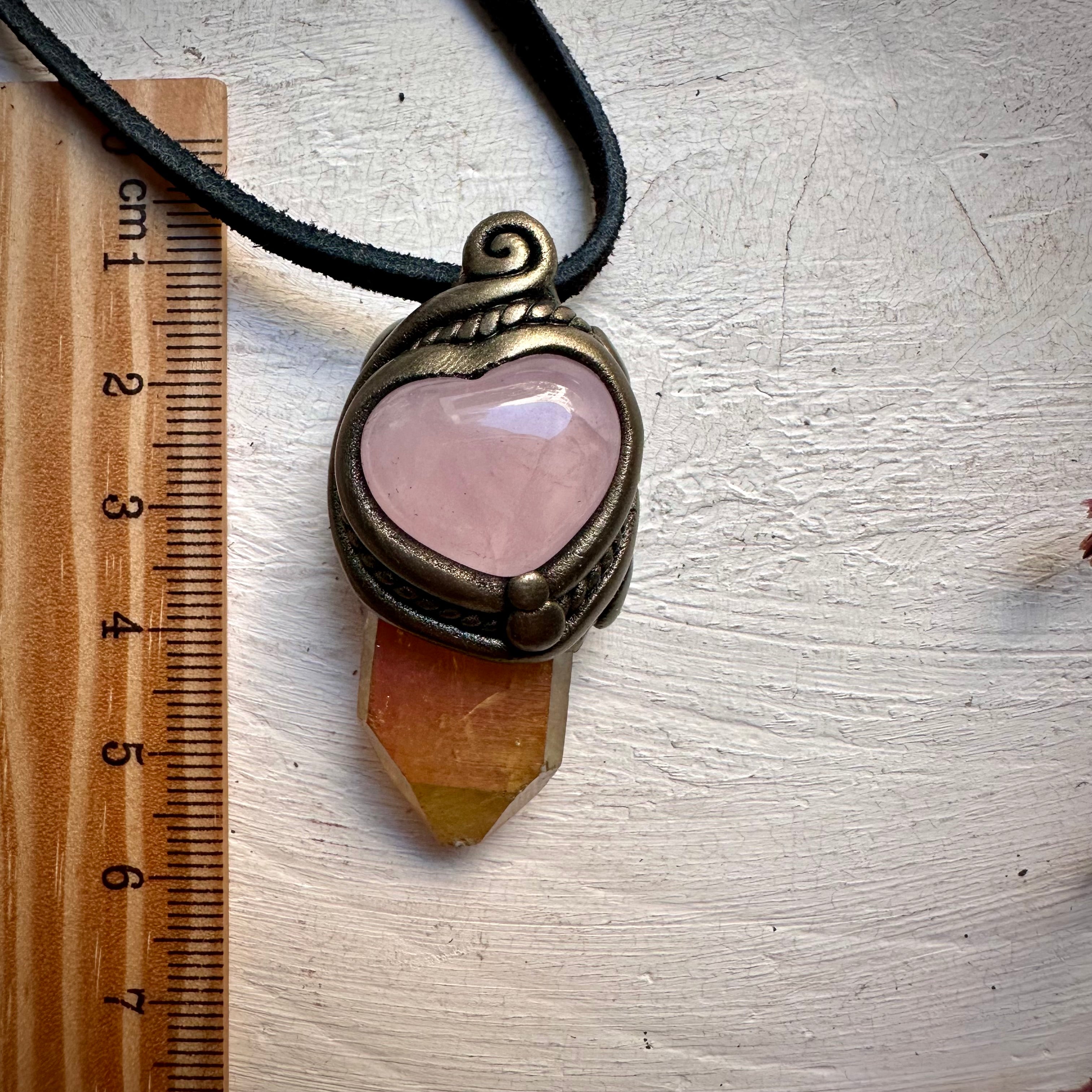 Sunset Aura Quartz and Rose Quartz Heart Necklace - FairyGardenGlow