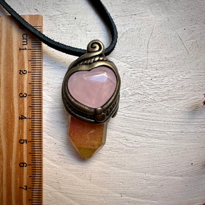 Sunset Aura Quartz and Rose Quartz Heart Necklace - FairyGardenGlow