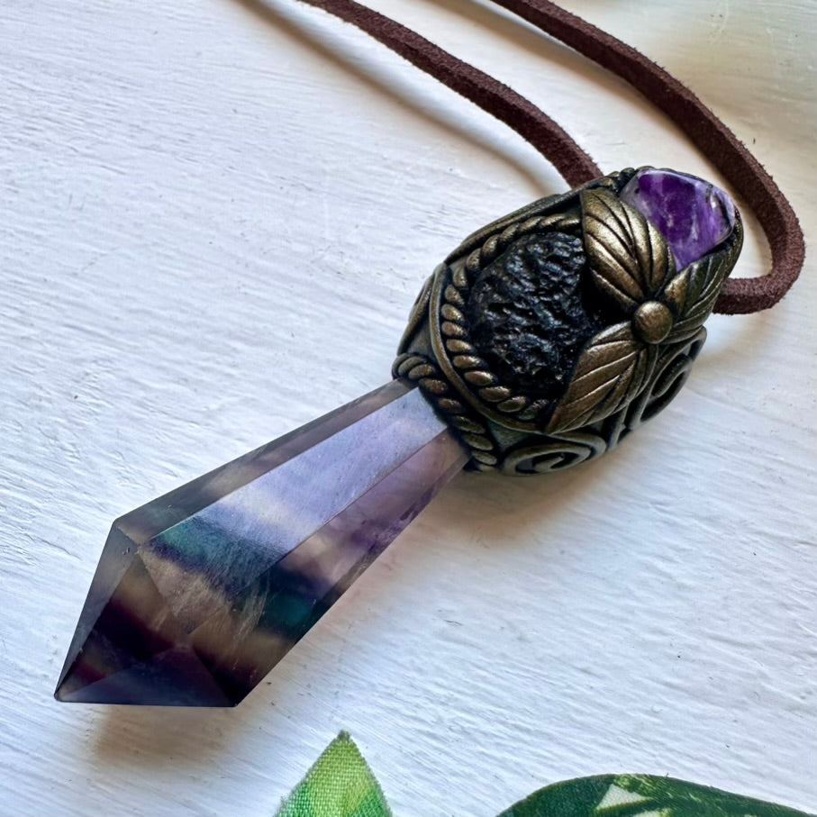 Rainbow Fluorite Moldavite and Charoite Healing Crystal Talisman - FairyGardenGlow