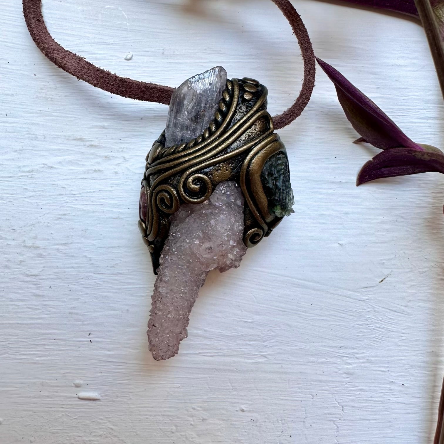 Spirit Quartz Kunzite Moldavite and Ruby Necklace - FairyGardenGlow