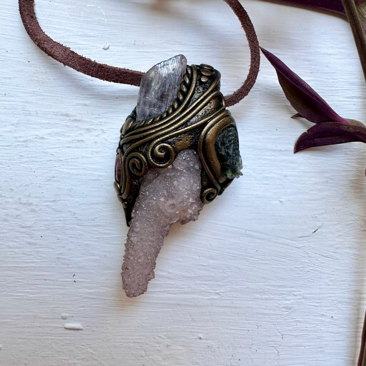 Spirit Quartz Kunzite Moldavite and Ruby Necklace - FairyGardenGlow