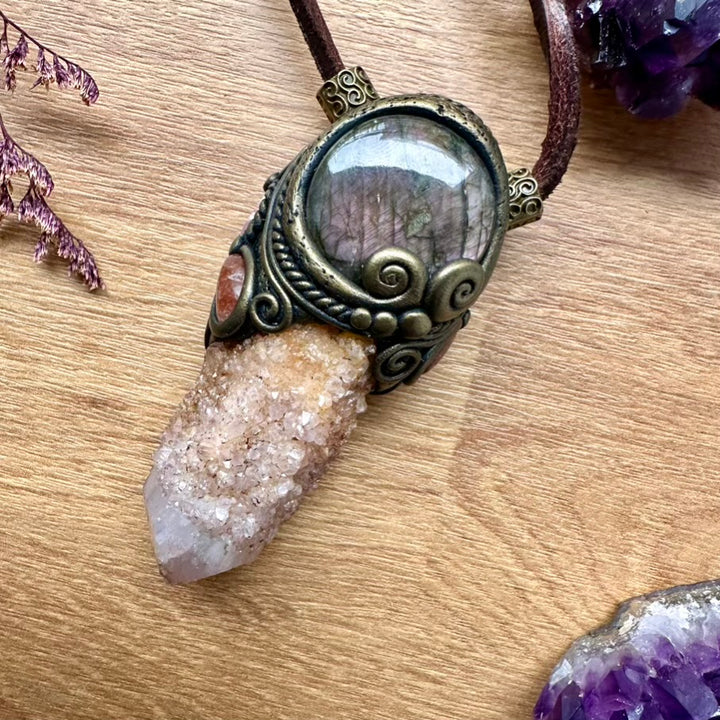 Spirit Quartz Purple Labradorite Sunstone and Rhodochrosite Healing Crystal Talisman / Handmade Crystal Wand-Pendant - FairyGardenGlow