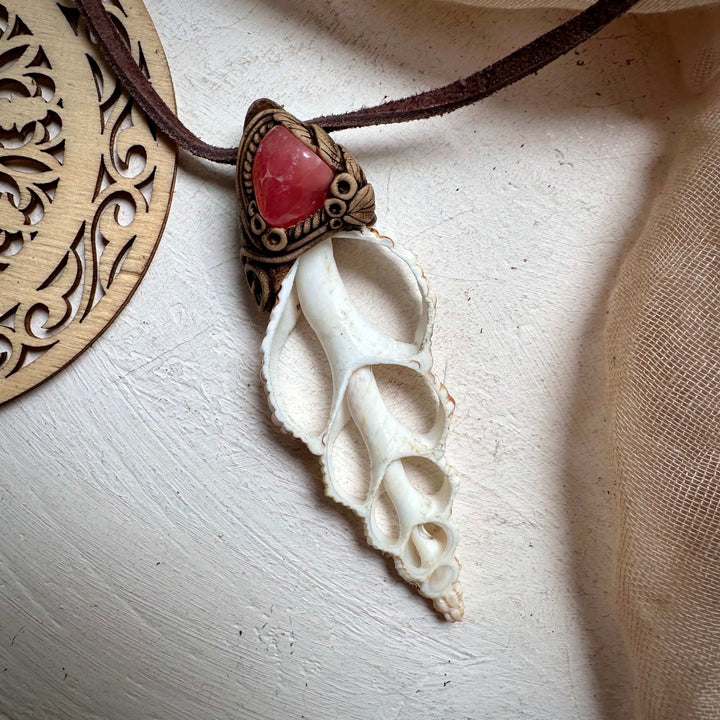 Seashell and Rhdoochrosite Necklace - FairyGardenGlow