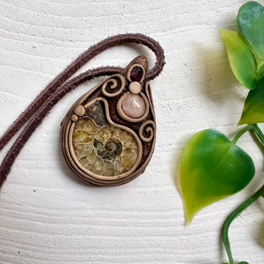 Ammonite Morganite and Rhodolite Garnet Necklace, Gemstone Jewelry
