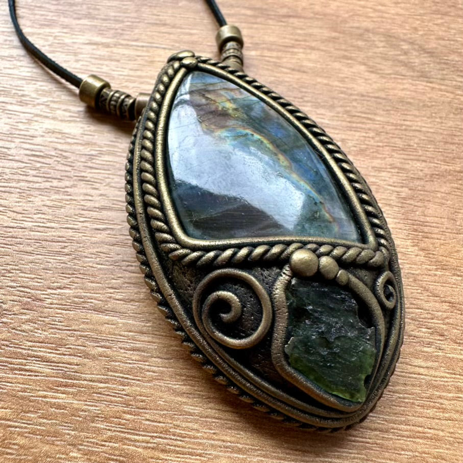Purple Labradorite and Moldavite Necklace, Handmade Protection Amulet - FairyGardenGlow