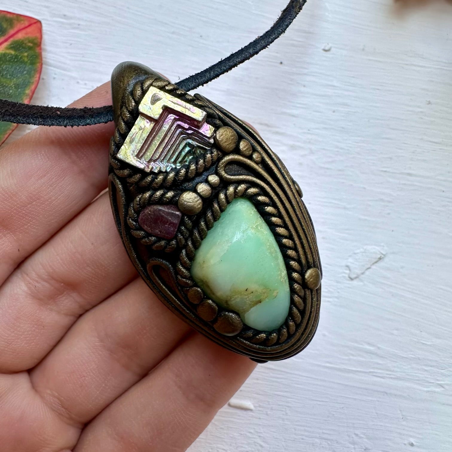 Chrysoprase Bismuth and Ruby Necklace - FairyGardenGlow