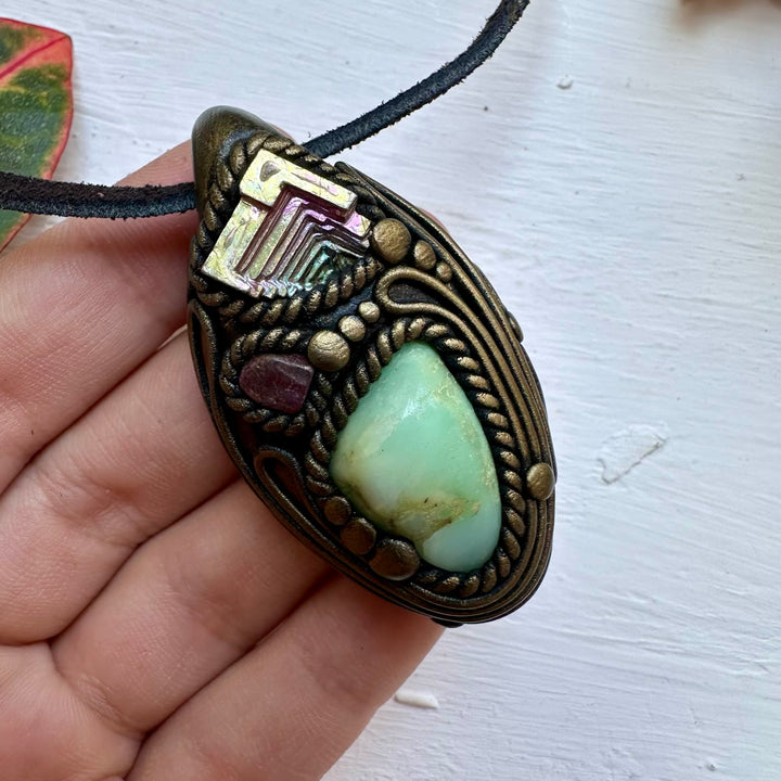 Chrysoprase Bismuth and Ruby Necklace - FairyGardenGlow