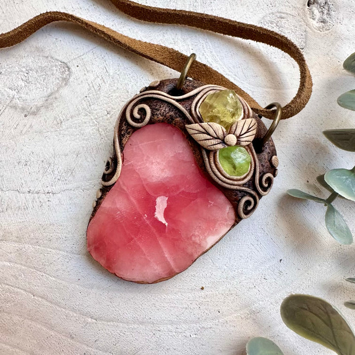 Heart healing crystal jewelry featuring Rhodochrosite, Peridot and Brazilianite