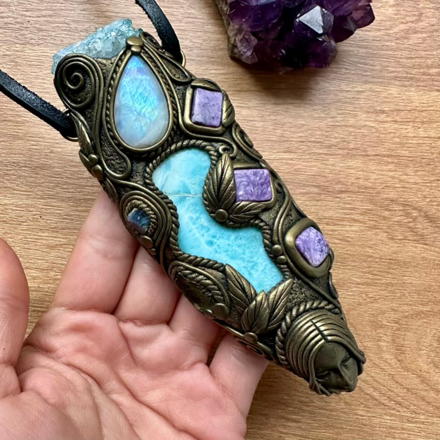Larimar, Aqua Aura Quartz, Charoite, Rainbow Moonstone, Blue Sapphire and Moldavite Goddess Healing Crystal Talisman / Unique Handmade Wand-Pendant - FairyGardenGlow