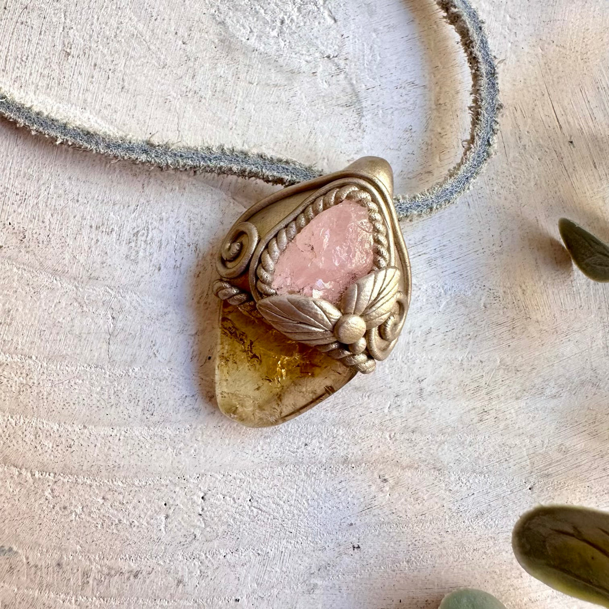 Unique gemstone pendant featuring natural polished Citrine and Morganite.