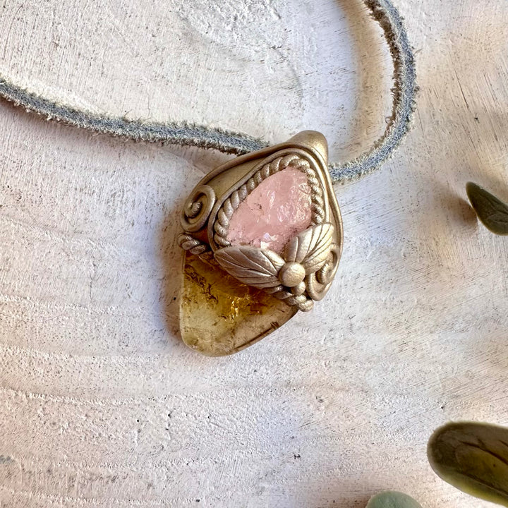 Unique gemstone pendant featuring natural polished Citrine and Morganite.