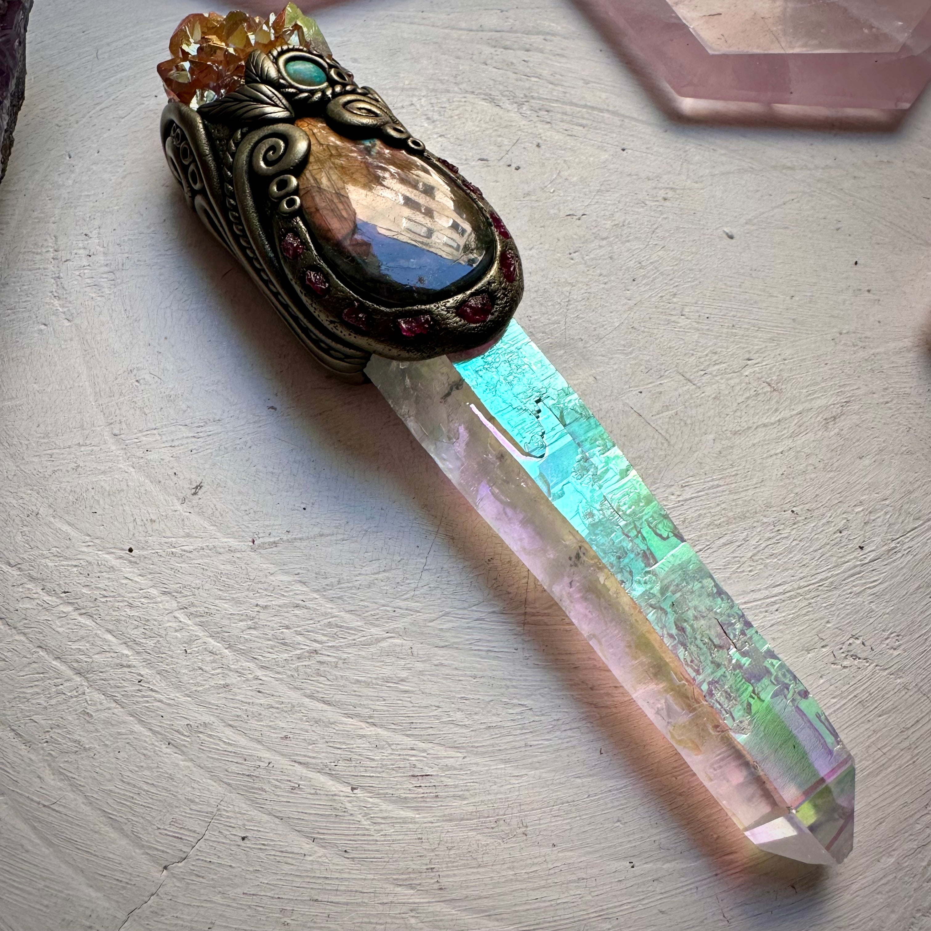 Long Angel Aura Quartz Sunset Aura Spirit Quartz Labradorite Raw Ruby and Australian Opal Wand - FairyGardenGlow