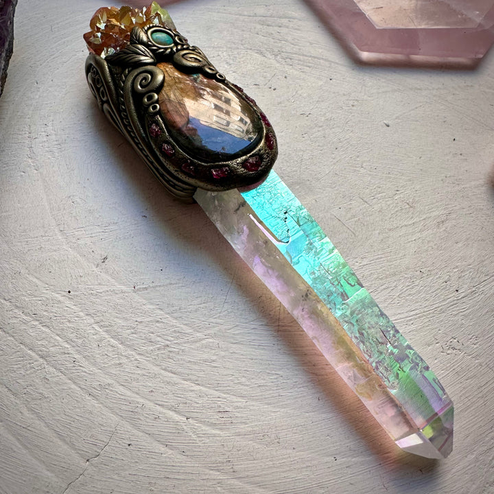 Long Angel Aura Quartz Sunset Aura Spirit Quartz Labradorite Raw Ruby and Australian Opal Wand - FairyGardenGlow