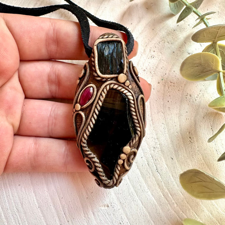 Unique boho pendant necklace with Black Obsidian, Vivianite and deep red Rhodolite Garnet.
