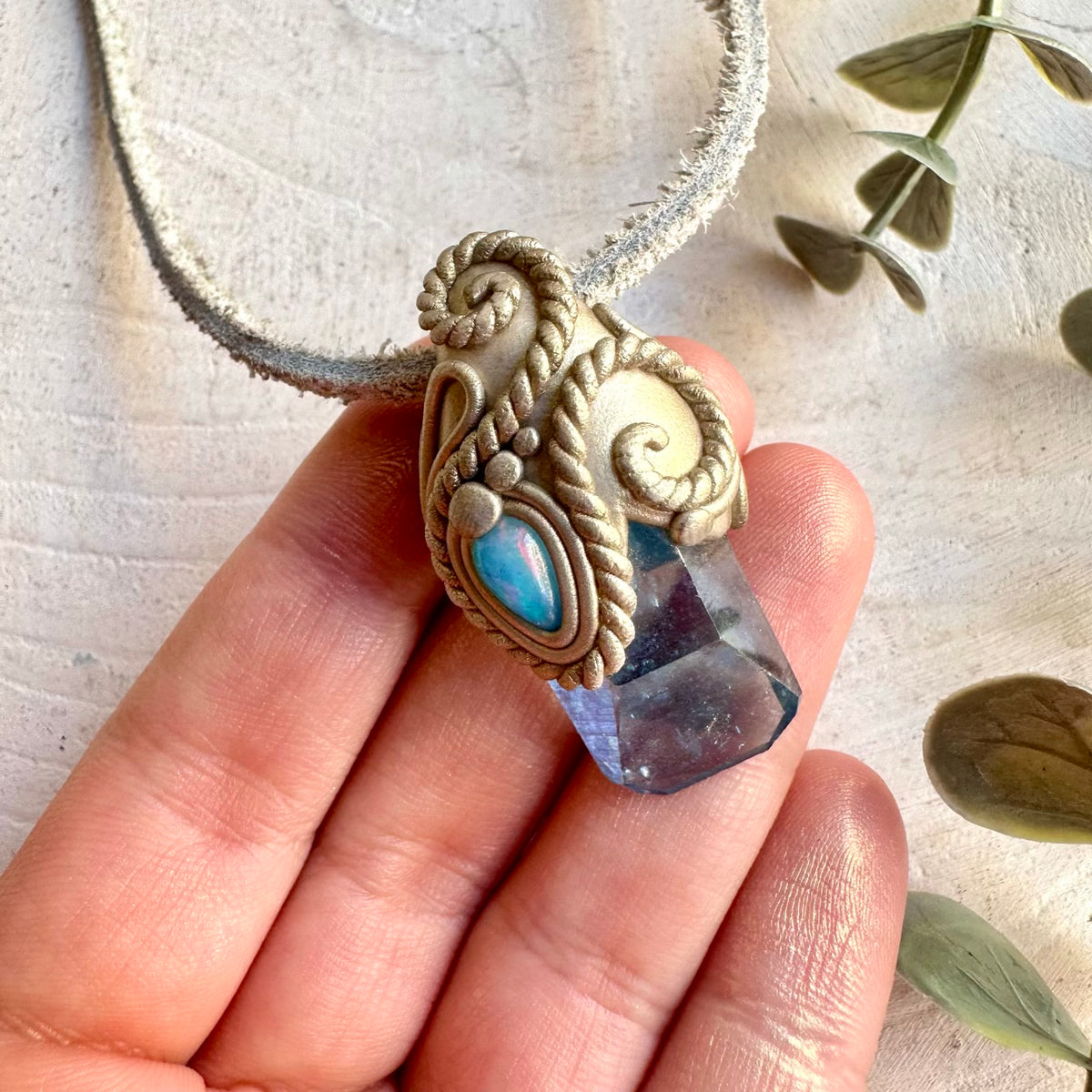 Aqua Aura Quartz and Blue Ethiopian Opal pendant necklace, handcrafted as unique healing crystal gemstone jewelry.