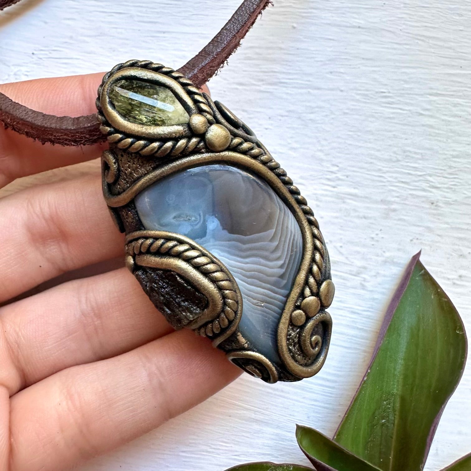 Botswana Agate Moldavite and Brazilianite Necklace, Unique Handmade Jewelry