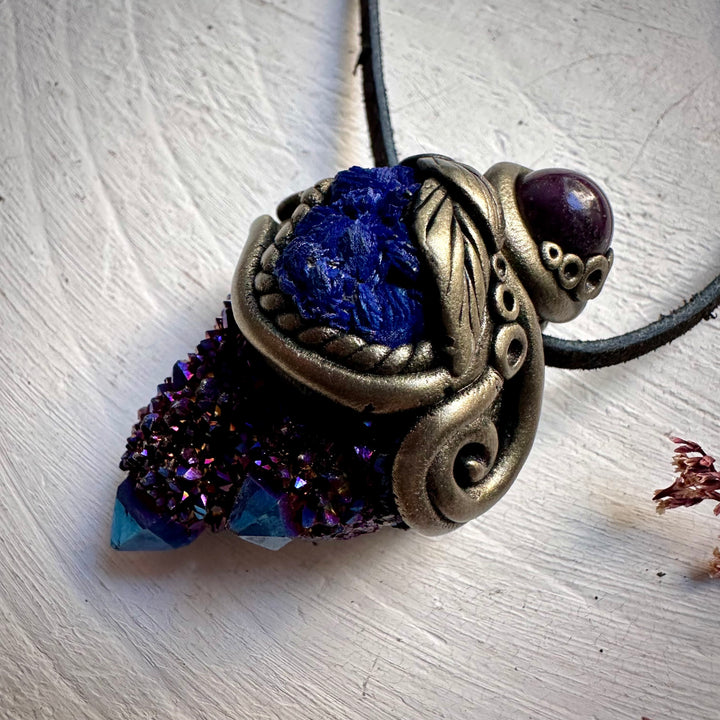 Cobalt Aura Spirit Quartz Azurite and Ruby Necklace - FairyGardenGlow