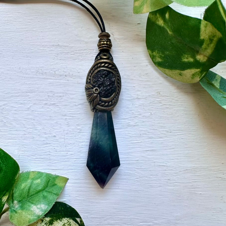Blue Rainbow Fluorite and Moldavite Pendant Necklace - FairyGardenGlow