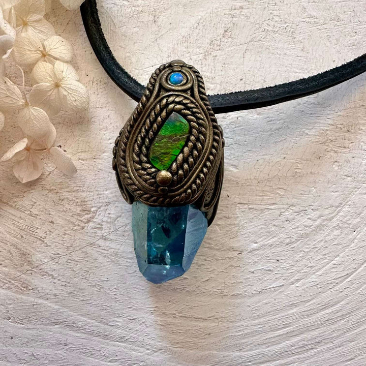 Aqua Aura Quartz Ammolite and Australian Opal Pendant Necklace - FairyGardenGlow