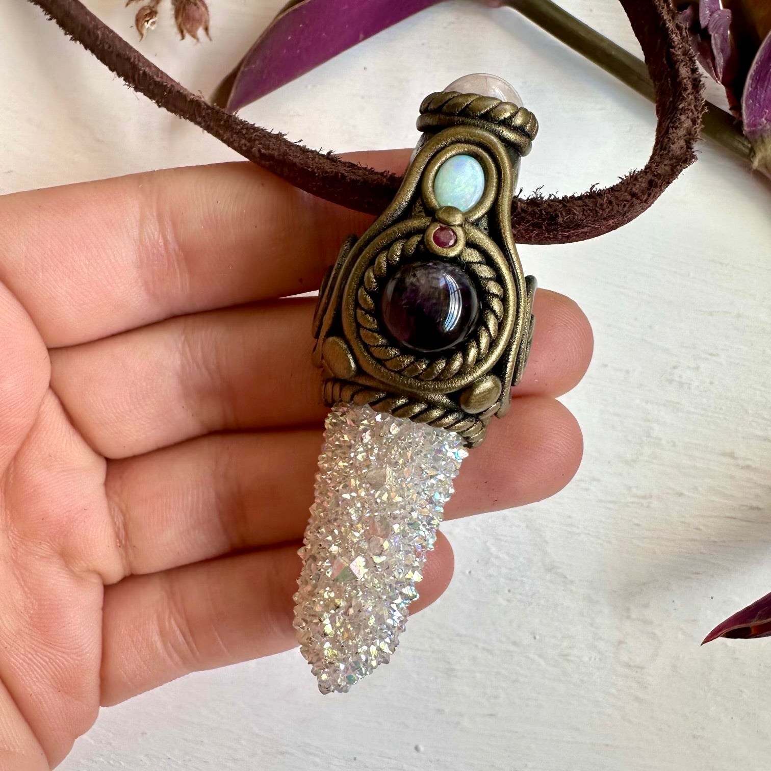Angel Aura Spirit Quartz Morganite Amethyst Australian Opal and Ruby Pendant Necklace - FairyGardenGlow