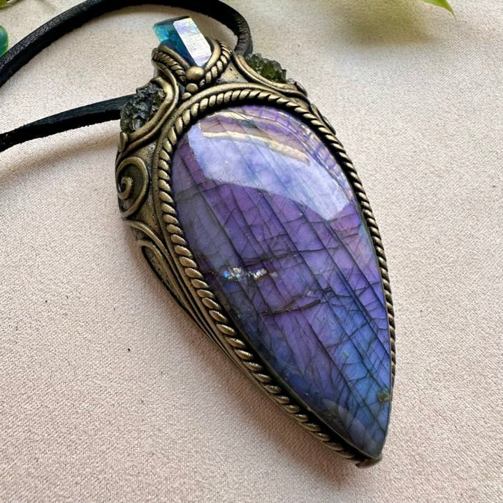 Large Deep Purple-Blue Labradorite with Aqua Aura Quartz and Moldavite Necklace FairyGardenGlow