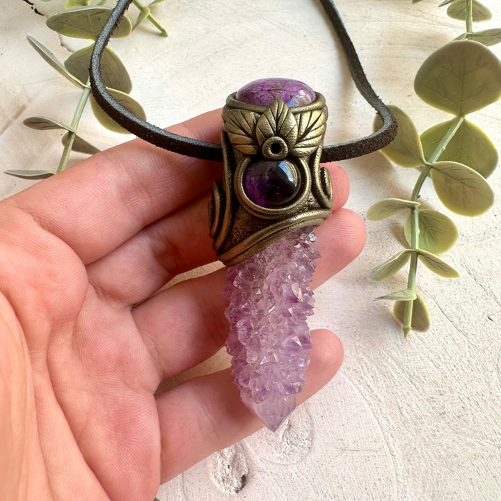 Deep Purple Spirit Quartz pendant necklace handcrafted with Stichtite and Amethyst natural gemstones.
